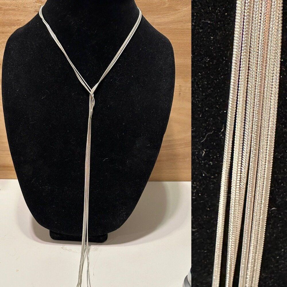 Liquid Silver Tone Y Drop Tassel Necklace Dangle Knot Glamour Wedding 17-20”